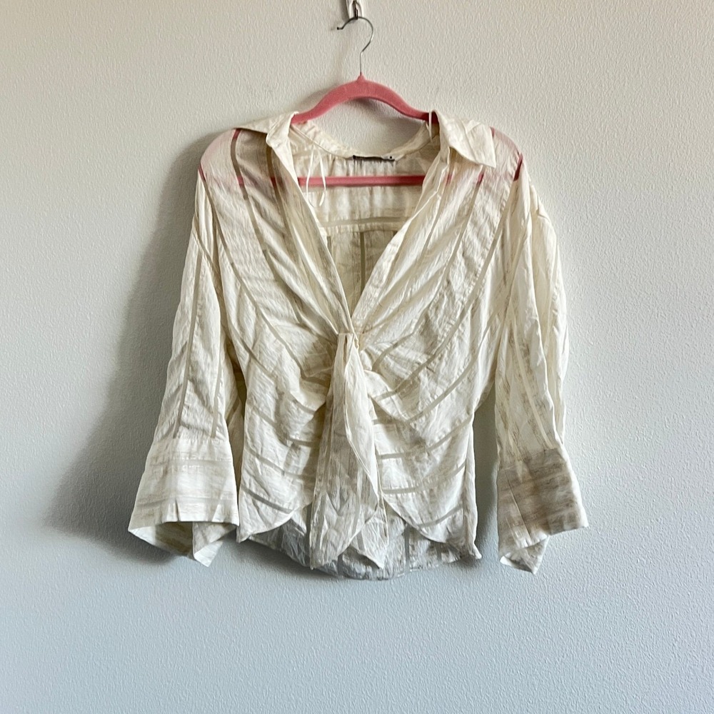 Zara Ivory Front Knot V-Neck Flared Sleeve Striped Sheer Blouse S Boho Chic
